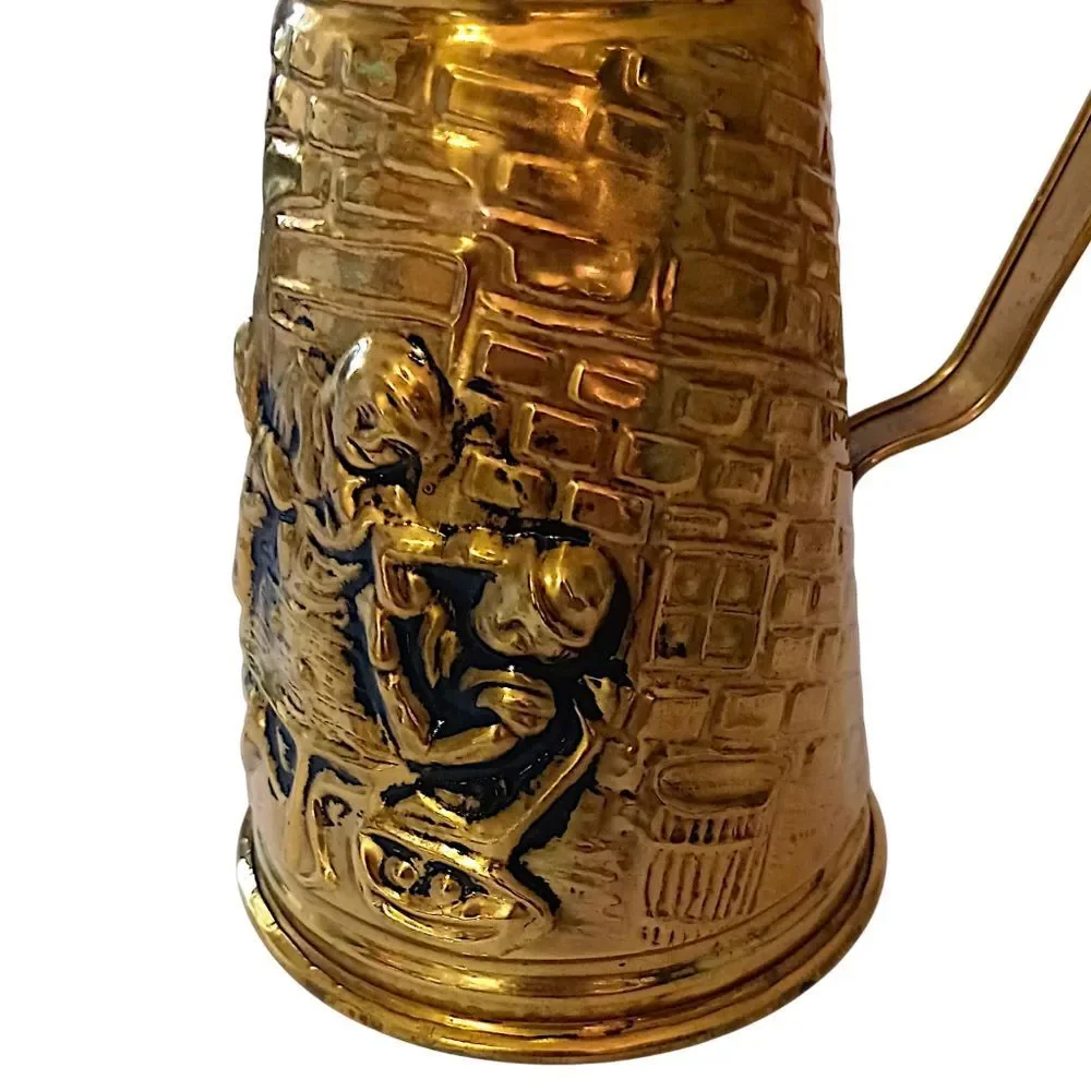 Brass Embossed Ale Pitcher‎ Pub Scene Repousse Made In England Textured Vintage